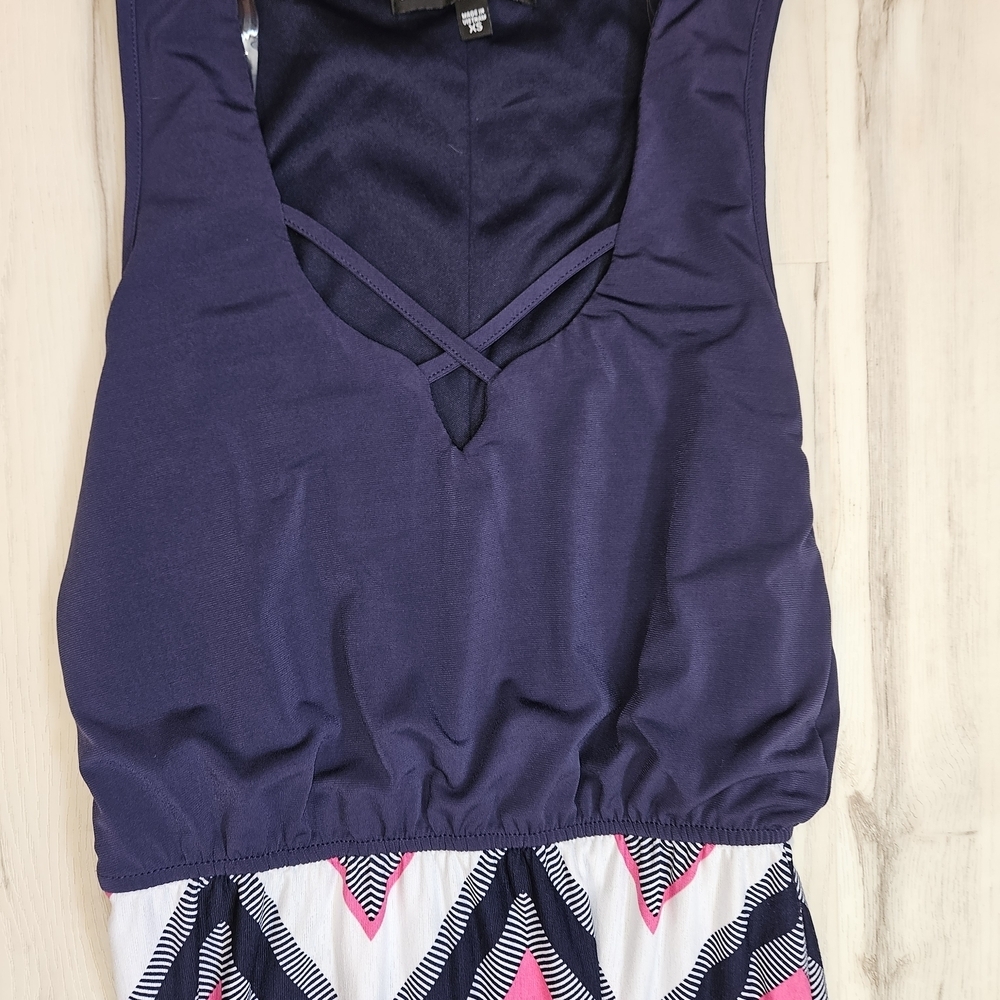 Three Pink Hearts Chevron Maxi Dress Navy Pink Boho Strappy Tank Empire Waist XS - Picture 3 of 12
